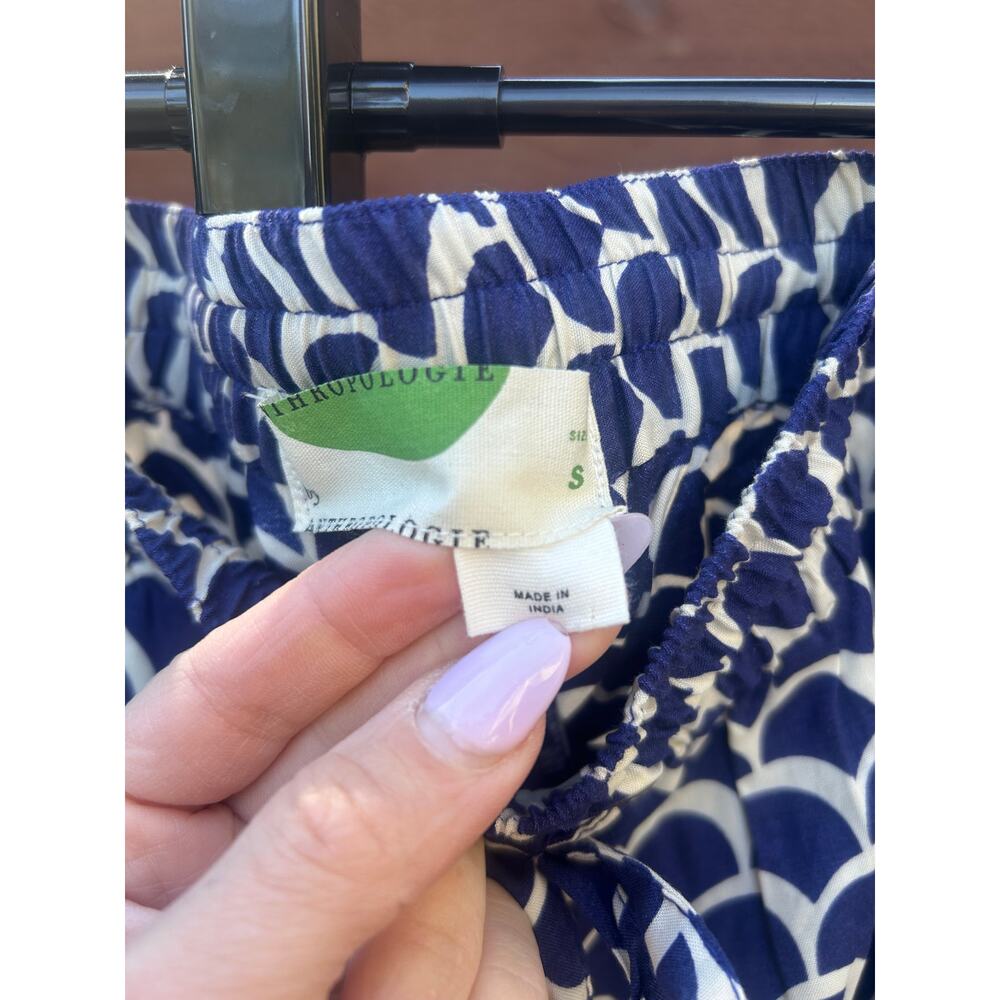 Anthropologie Navy White Scallop Print Embroidered Beaded Pants Size S - Picture 6 of 9